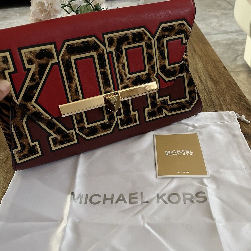 NWT Michael Kors Bekah Large Leather & Calf Hair Envelope Clutch - Red/Maroon